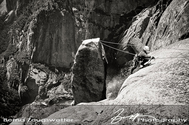Finishing the Tyrolean Traverse after climbing the Lost Arrow Spire, Yosemite