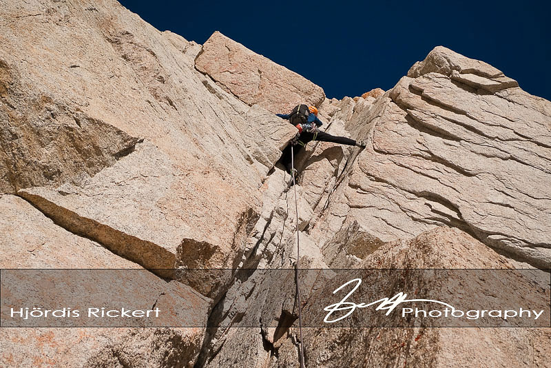 Climbing pitch 4 on Keeler Needle, California