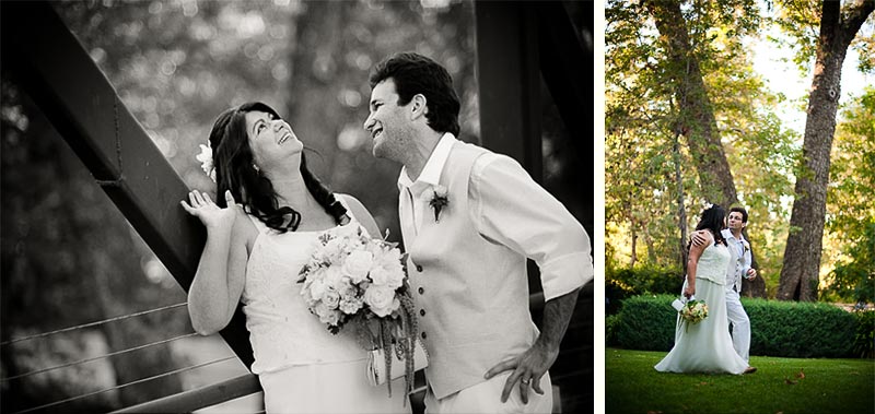 Close-up of Bride and Groom laughing, and walking through a Garden