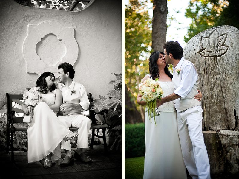 moments of nuptial bliss, Couple sitting on ornate Bench