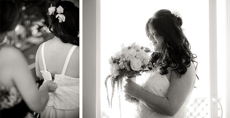 Brides Dress getting zipped up, and Bride with Bouquet