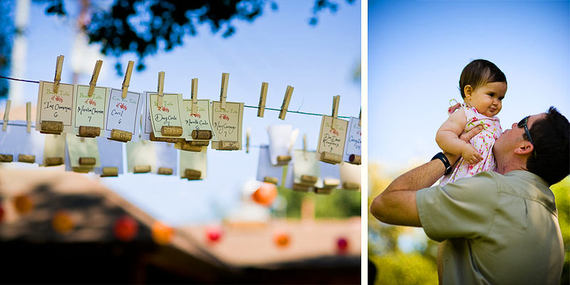 Placecards hung on a string, Dady holding up his litte girl