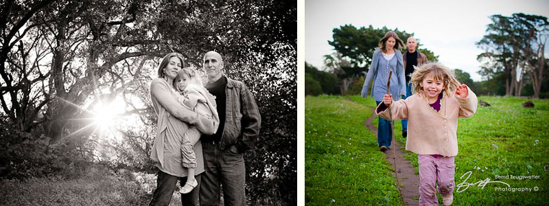 family portrait with sunstar, child running