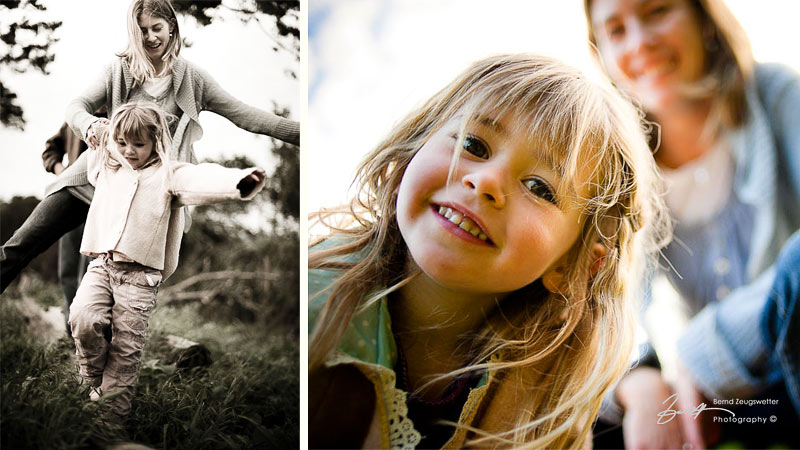 girl and mother balancing, child close-up portrait