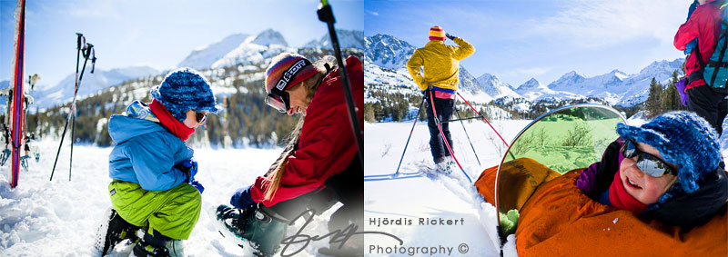 boy helping with ski boots, ski-touring in Rock Creek, Sierra Nevada