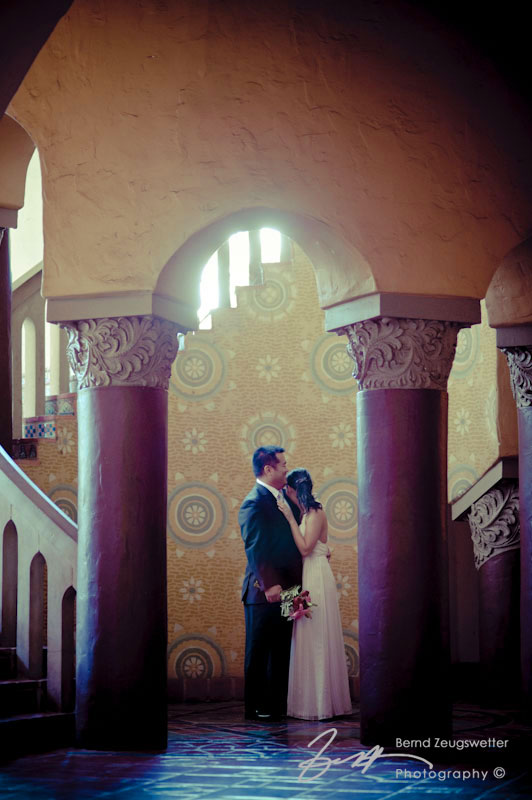 Wedding couple at the Courthouse in Santa Barbara.