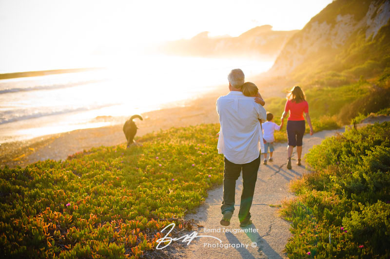 Family lifestyle walking to beach, Santa Barbara.