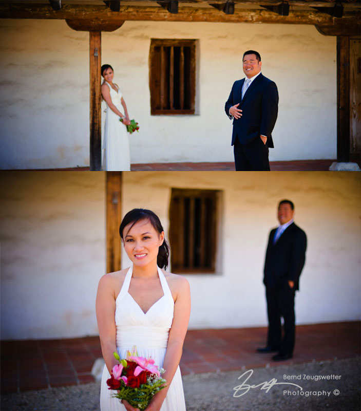 Portrait of Groom, and portrait of Bride at the Santa Barbara Presidio.