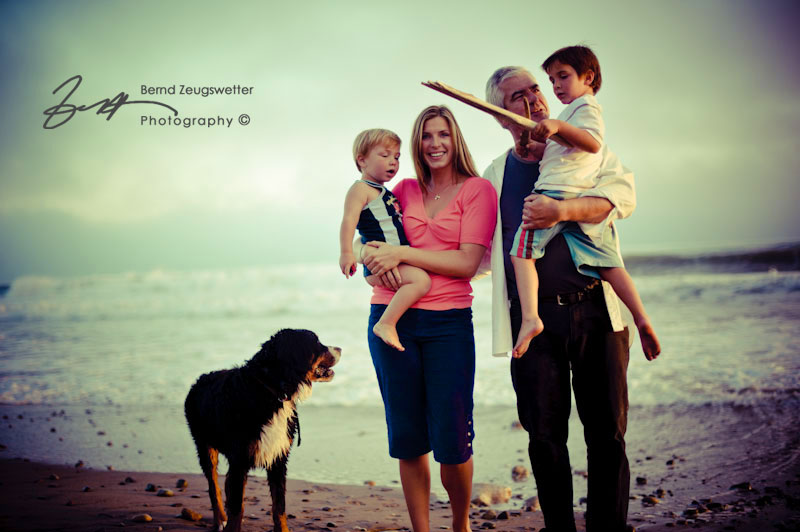 Family with dog on a Santa Barbara beach.