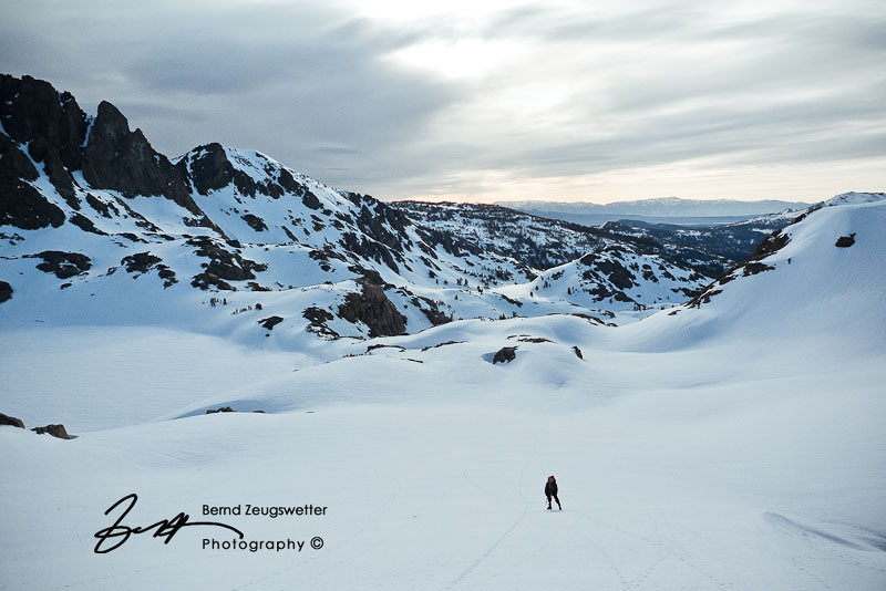 Spring snow in the morning as we climb to Clyde Minaret.