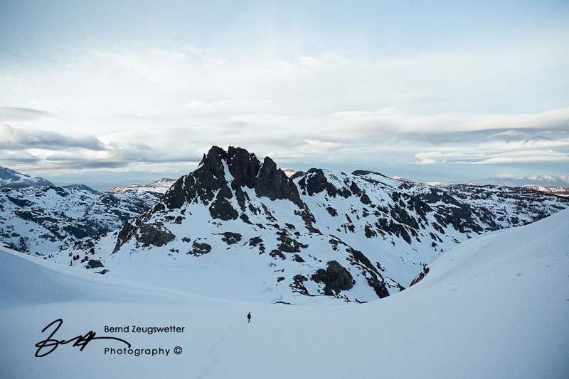 Descending snow after climbing Clyde Minaret, Mammoth Lakes.