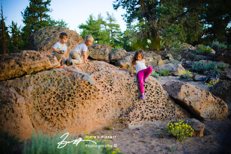 Kids scrambling at The Catacombs, Eastern Sierra.