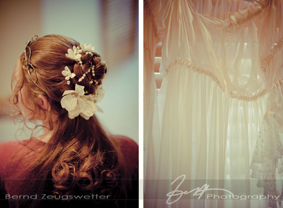 Detail of the Brides hair and detail of wedding dress.