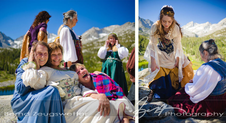 Wedding guests laughing and bride lacing shoes, Rock Creek.