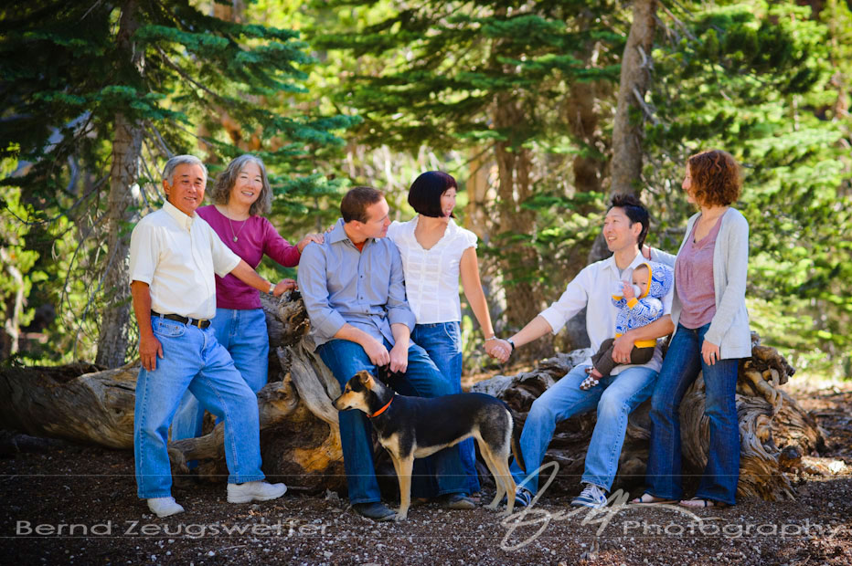 01 Mammoth Lakes Family Portraits Family portrait of three generations at Minaret Summit, Mammoth Lakes.