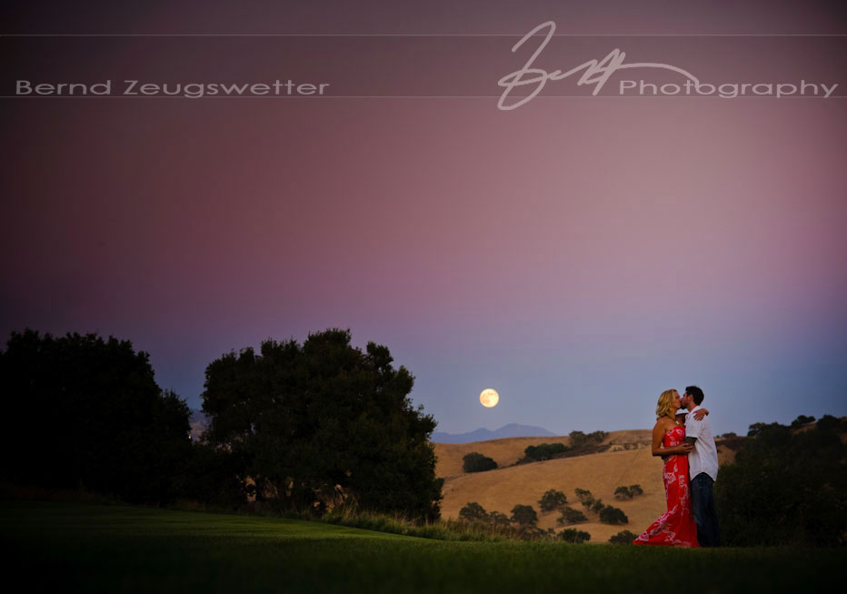 Engagement Portrait with beautiful moon rise over Firestone Vineyard.