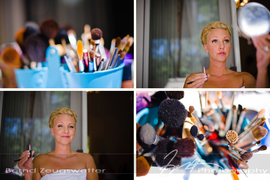 02 Sycamore Springs Resort Wedding Photography Photos of bride doing her make-up and details of make-up brushes.
