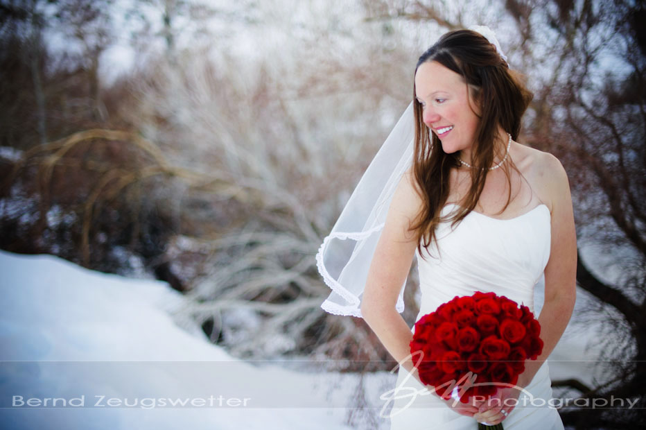 Portrait of bride in the snow at Convict Lake Resort, Eastern Sierra.
