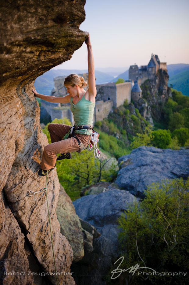 Climbing at the Spiral Tuerme, Ruine Aggstein, Austria.