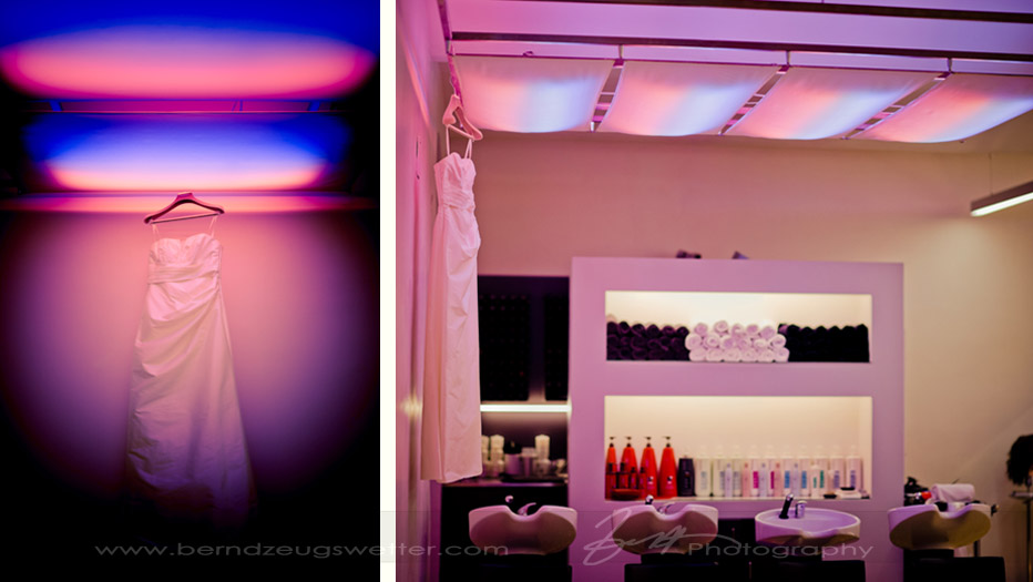 Bridal gown in colorful lights of salon, Vienna, Austria.