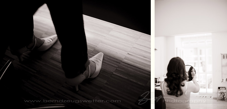 Bride with her reflection and detail of shoes at Salon in Vienna, Austria.
