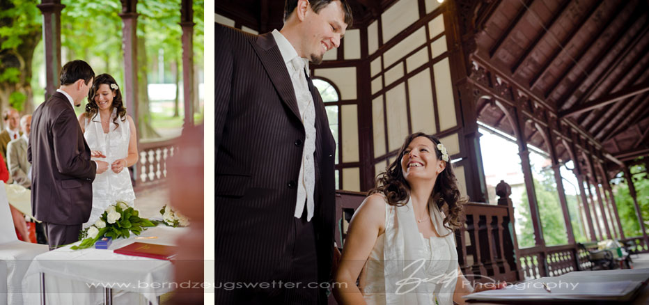 Happy couple during wedding ceremony in Reichenau an der Rax, Austria.