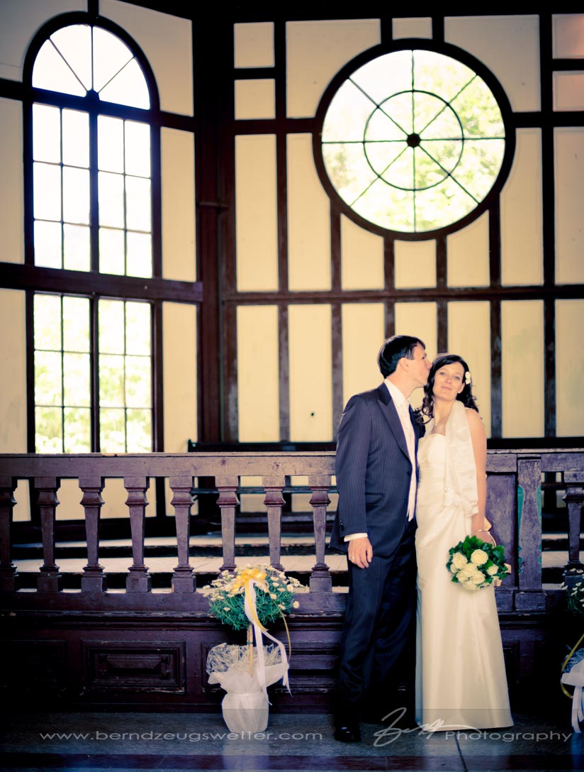 Portrait of wedding couple in pavilion, Reichenau an der Rax, Austria.
