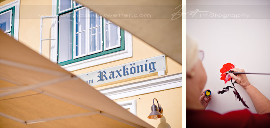 Detail of venue name, Raxkoenig, and grandma painting on canvas.