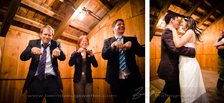 Bride and groom and wedding guests dancing, Nasswald, Austria.