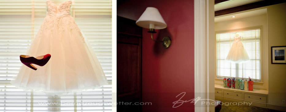 Wedding dress and shoe, Wedding dress in window at the Thomas Estate.