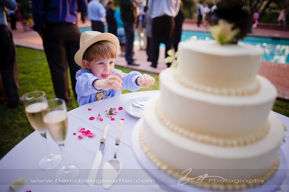 boy reaching for wedding cake.