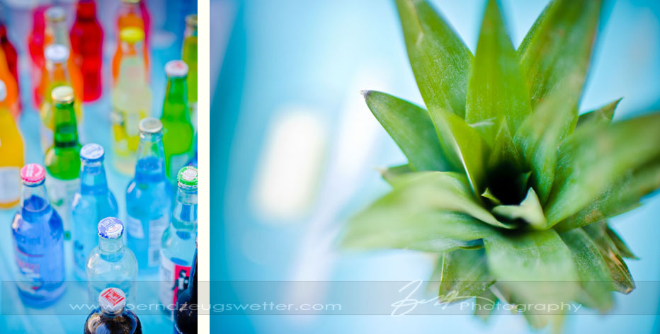Bottles and pineapple at beach wedding reception, Santa Barbara.