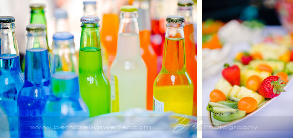 Colorful bottles and fruit at Rincon Beach wedding reception, Santa Barbara.
