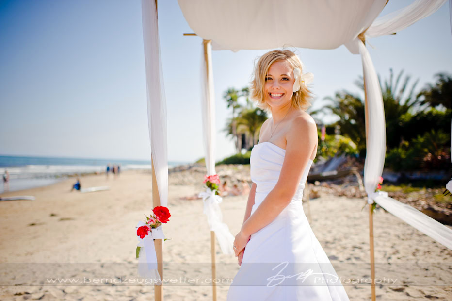 Portrait of bride at Rincon Beach wedding, Santa Barbara.