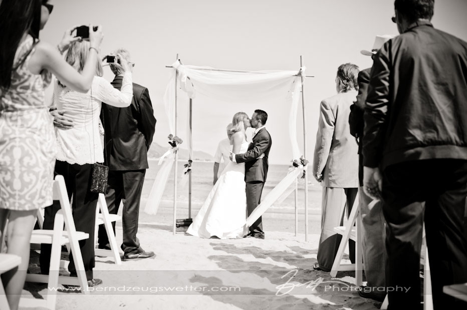 First kiss, Rincon Beach wedding, Santa Barbara.