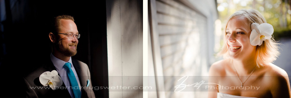 Portraits of groom and bride at Rincon Beach house, Carpinteria.