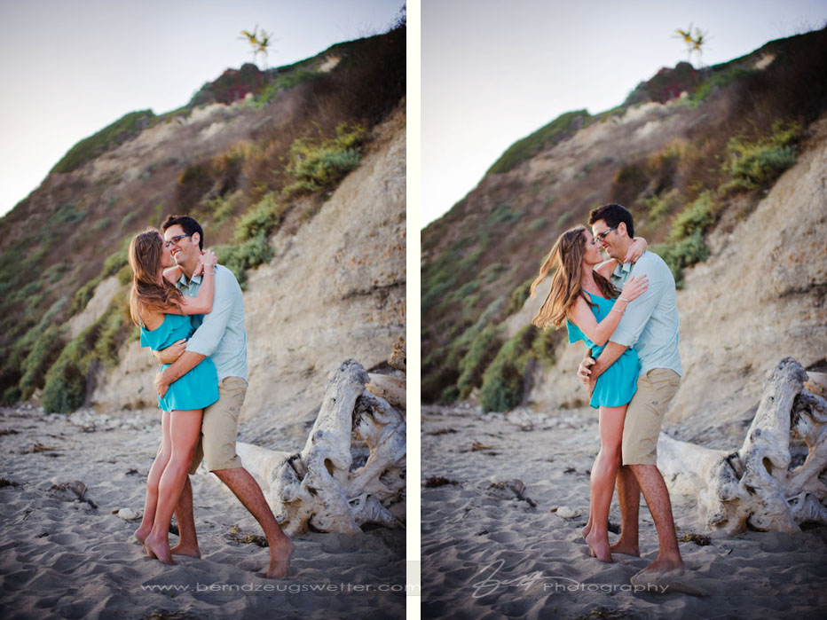 Engagement portraits of couple at Hendry's Beach, Santa Barbara.