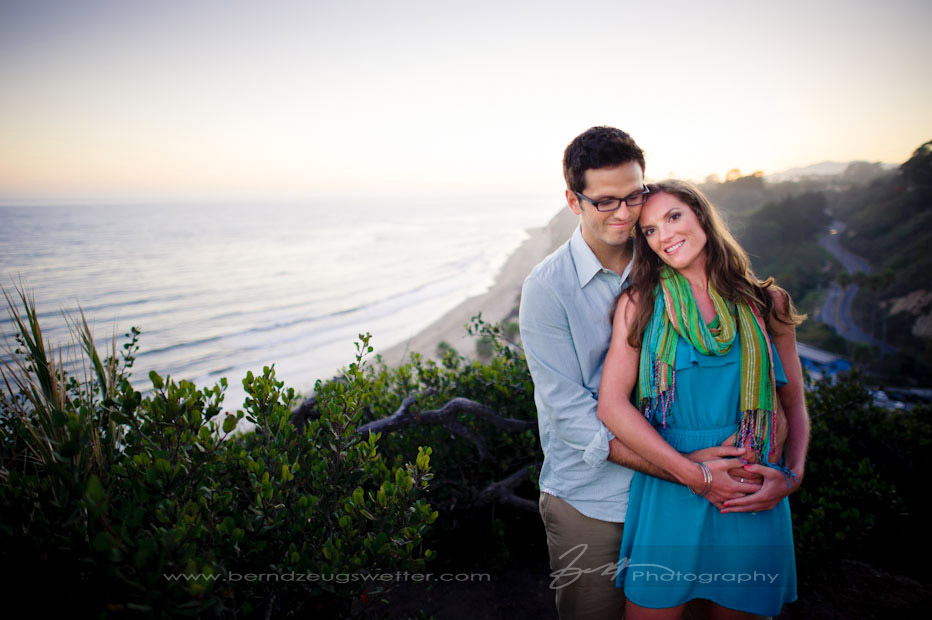 Engagement portrait of couple above Arroyo Burro Beach, Santa Barbara.