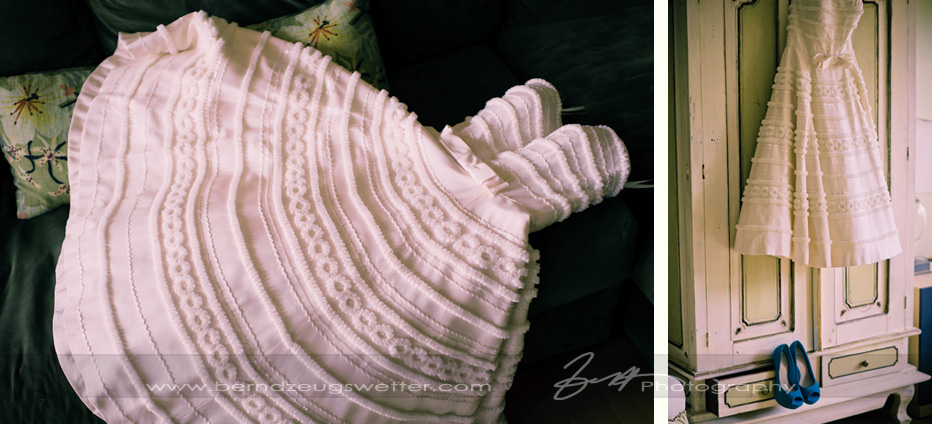 Details of bridal gown and blue shoes, Santa Barbara.