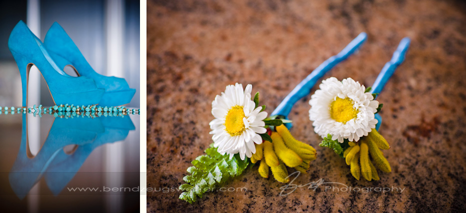 Detail of bride's blue shoes and flowers, Santa Barbara wedding photographer.