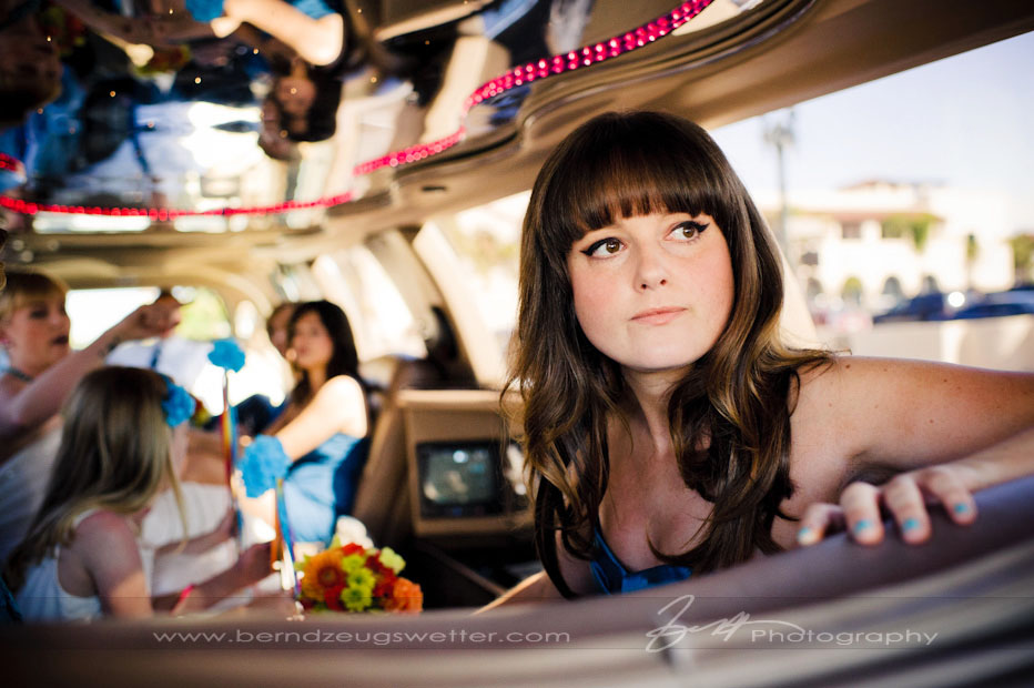 Portrait of bridesmaid in limousine, Santa Barbara Courthouse Wedding.
