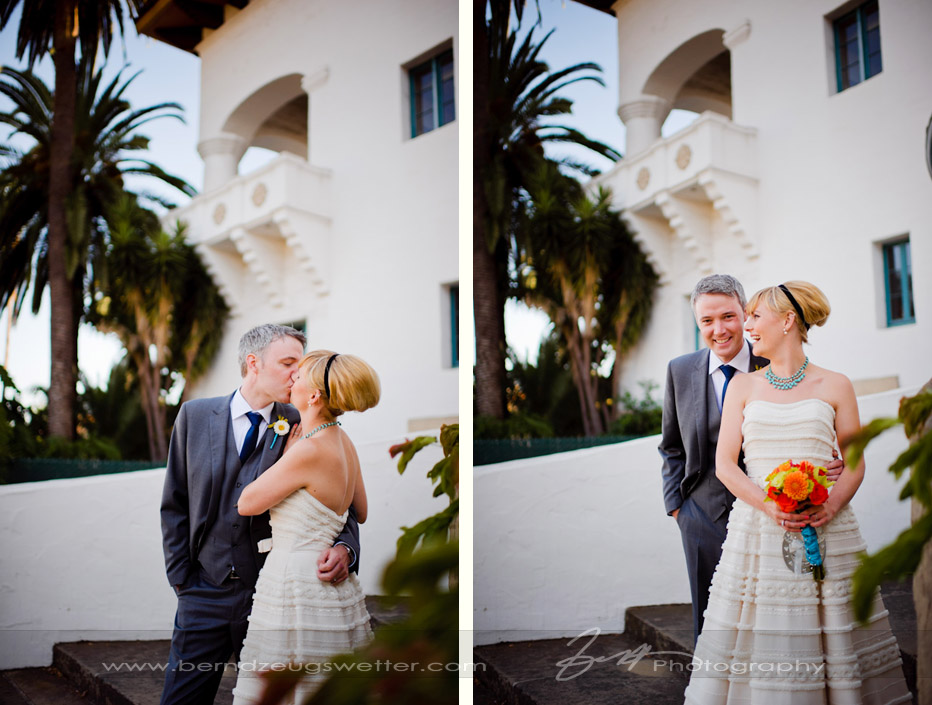 Portraits of bride and groom at Santa Barbara Courthouse.