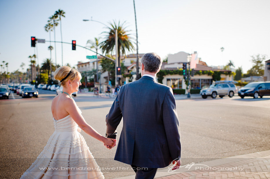 Bride and groom on lower State Street, Santa Barbara wedding.