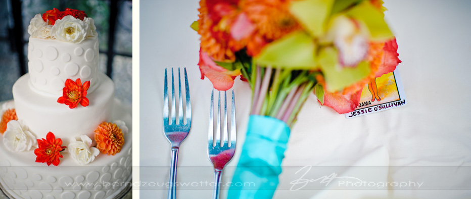 Details of wedding cake and table decorations, El Paseo Restaurant, Santa Barbara.