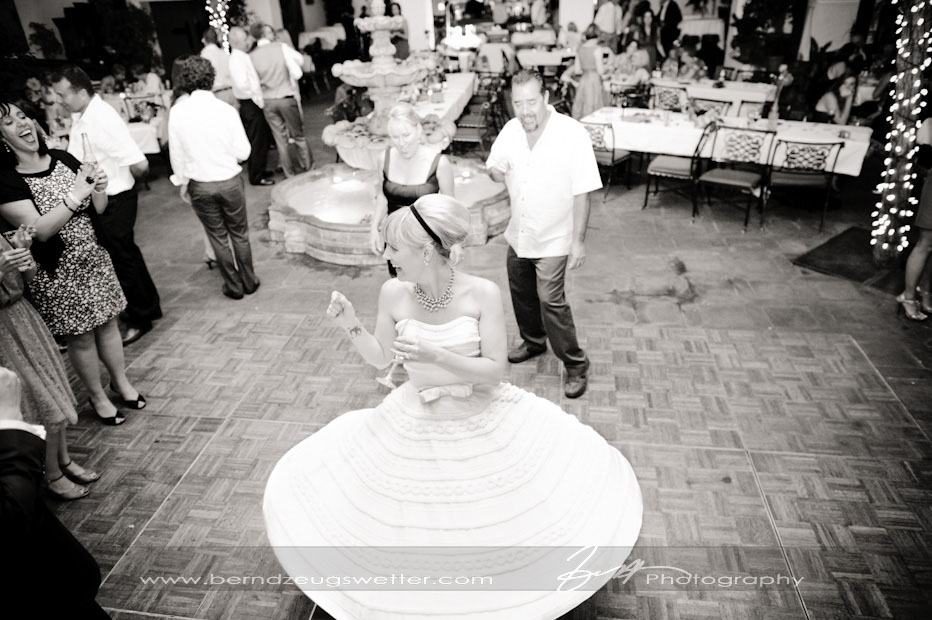 Bride dancing at El Paseo Restaurant wedding reception, Santa Barbara.