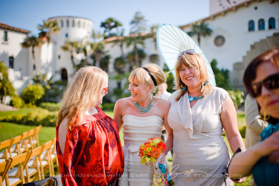 Bride with congratulating guests after ceremony, Santa Barbara Courthouse.