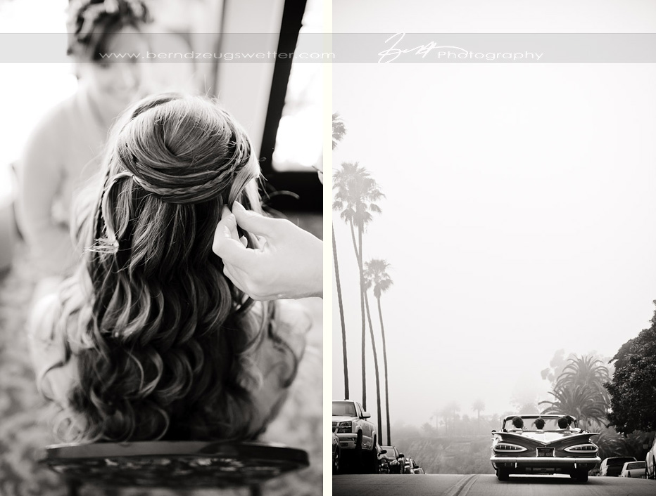 Bride having her hair done, Montecito. Vintage car driving along Cabrillo Blvd.