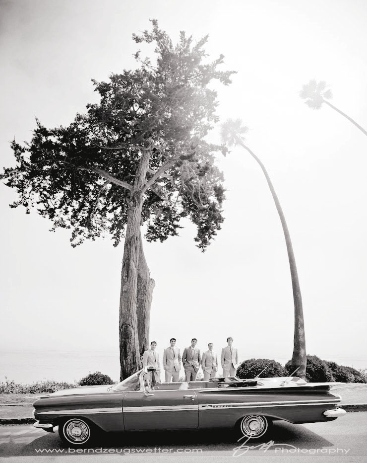 Groom and Grooms-men portrait with vintage car and palm trees, Santa Barbara Wedding Photography.