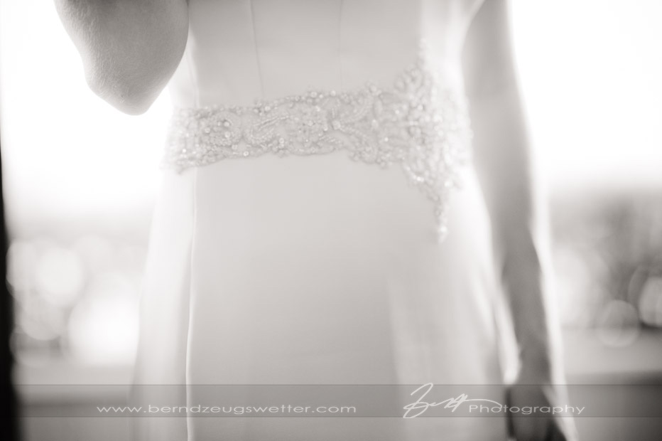 Detail portrait of bride wearing wedding dress.