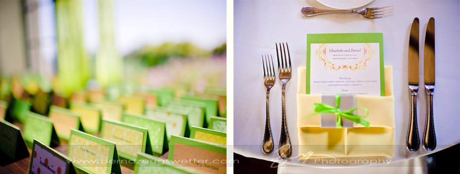 Detail of place cards and table sets at the Montecito Country Club.